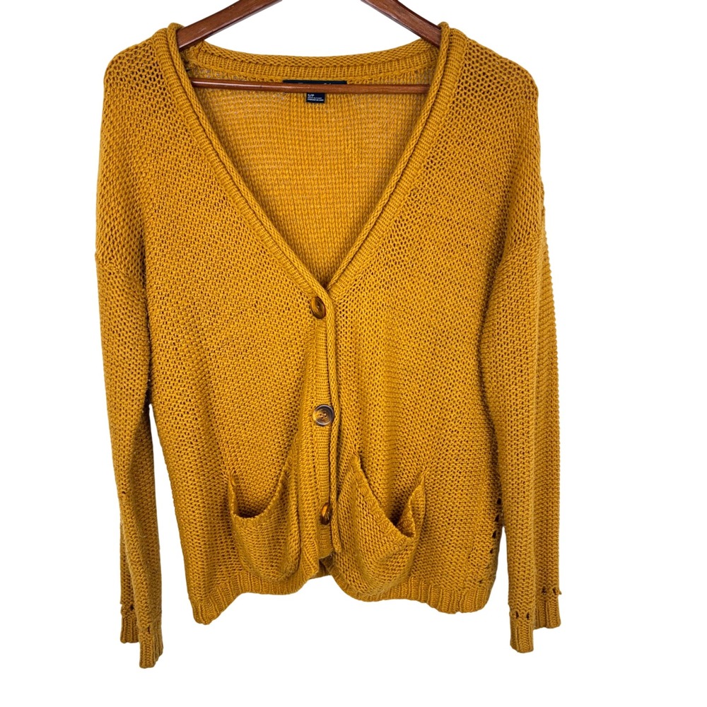 Womens Cardigan Sz S Grunge V Neck Mustard Grandpa Slouchy Granola Indie Hipster